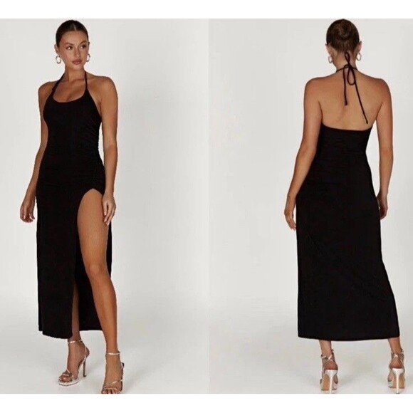 Meshki Dresses & Skirts - Black Halter Dress High Slit Tie Back Chic Sultry Extra Small small xs Meshki